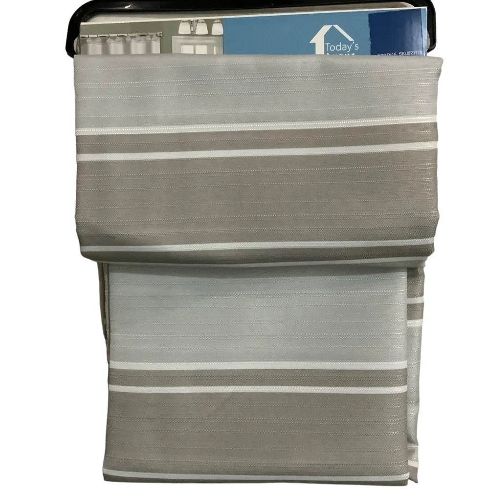 Striped Fabric Shower Curtain Ceramic Accessories 3 Pieces White Grey Tan Khaki